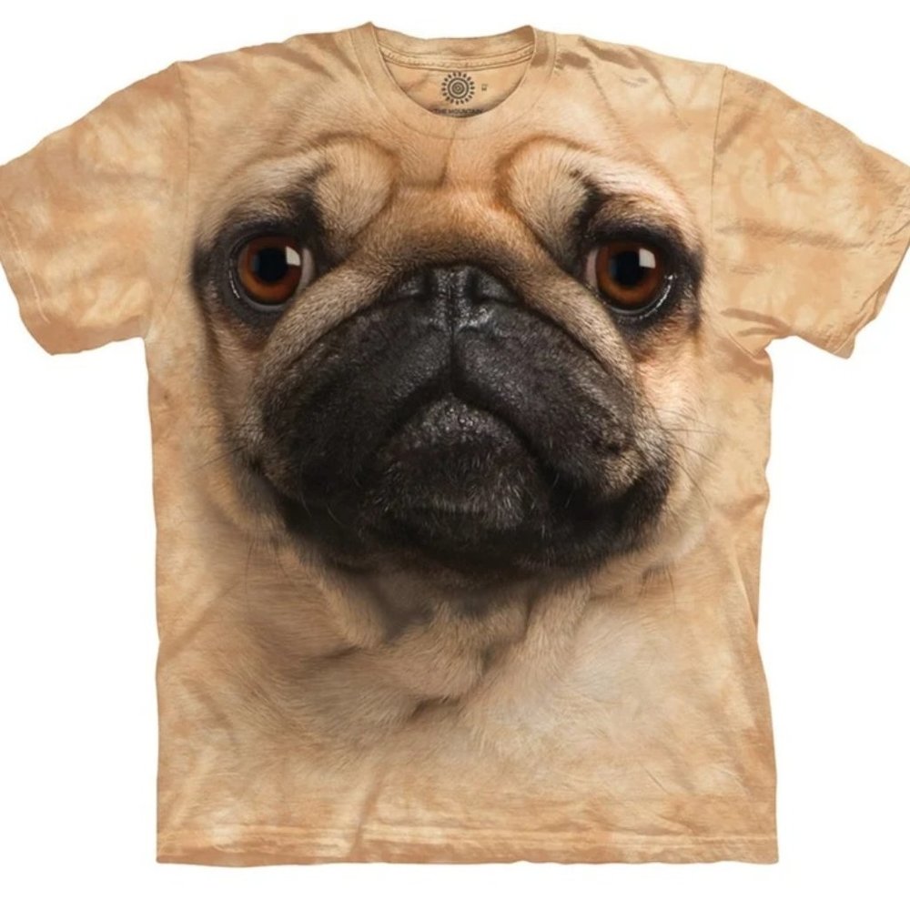 The Mountain Big Face Pug Dog Puppy Cotton Beige Bark T-Shirt Adult 4X-5X